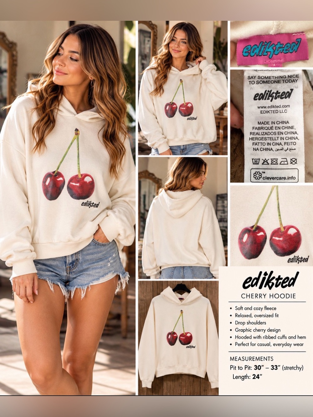 Edikted Cream Hoodie with Bold Cherry Print